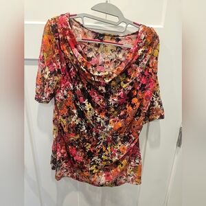 Allie & Rob Floral Lace Cowl Neck Top Women’s L – Multicolor Stretch Sheer Made